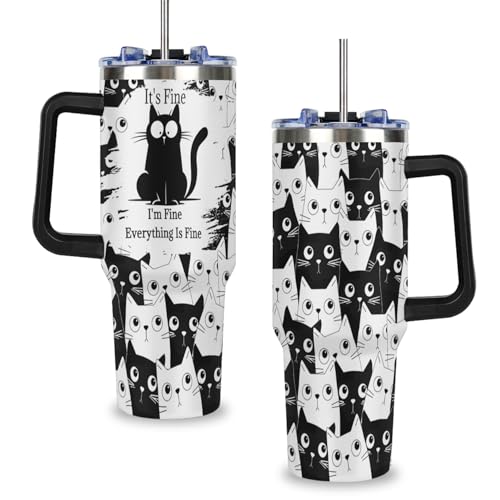 OMFUNS 40 oz Insulated Tumbler with Handle - Funny Black Cat Stainless Steel Metal Water Bottle with Lid and Straw, Everything Is Fine Coffee Travel Mug Cup, Gifts for Cats Lovers Women Men at Amazon