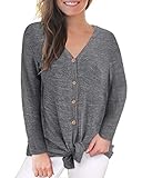 VOTEPRETTY Women's V-Neck Long Sleeves Button Down Tie Front Knot Casual Loose T-Shirt Tops(Gray,M)