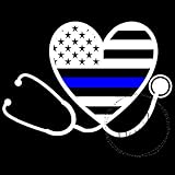Law Enforcement Police and Nursing Thin Blue Line Flag Stethoscope Vinyl Decal (6 inch, white with blue line)