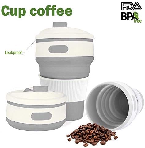 Pisky Collapsible Coffee Cup Silicone with Lids Eco-Friendly Portable Reusable 12oz 350ml Leak Proof BPA Free Eco Folding Mug Travel Coffee Cup Fits in Your Pocket Outdoor & Office Home Use (Grey)