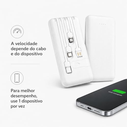 Power Bank Carregador Portátil Universal 10000mAh com Cabos Integrados USB-A, USB-C (Type-C), Micro-USB e USB-Light Carregamento Rápido Bateria Externa Compacta para Celular Android iOS(Branco)
