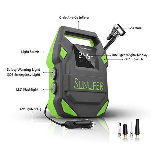 Sunlifer Digital Tire Inflator, 12V Portable Air Compressor, 150 PSI Auto Tire Pump with Bright Flashlight, SOS Emergency Light and Carry Handle for Car, Motorcycle, Bike and Other Inflatable (Green)