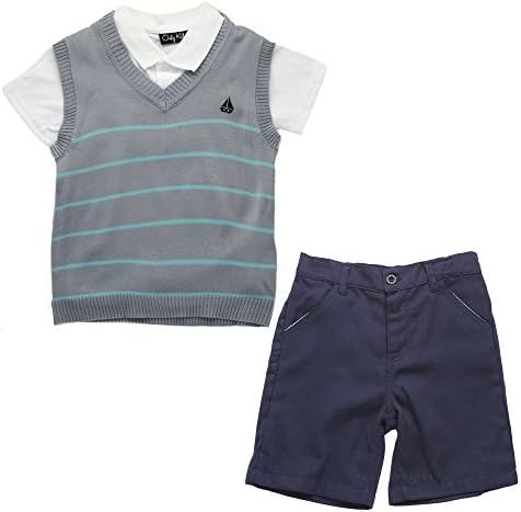 Boys Three Piece Polo, V Neck Sweater Vest and Shorts Set, White/Gray-Blue Pinstripe/Navy, 4T