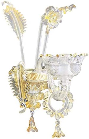 Wall lamp Glass, glass murano wall sconce 2 Lights, Gold Finish, Clear and Pink glass trimmings [Energy Class A+++]