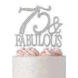 75 & Fabulous Rhinestone Cake Topper | Premium Bling Sparkly Crystal Diamond Gems | 75th Birthday Decoration Ideas | Perfect Keepsake (75&Fab Silver)