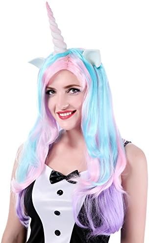 Long Curly Unicorn Cosplay Wig-28" Women Girls Synthetic Wavy Hair Wigs for Halloween Christmas Party Costume