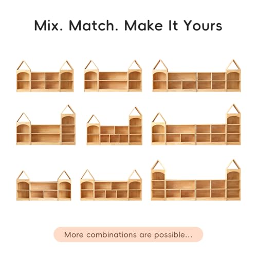 OOOK Montessori Shelving Unit with 5 Compartments Rubberwood 110 cm (43.3 Inches) – 2 Storage Systems – Wooden Wardrobe for Children's Room, Games Room, Nursery, Classroom and Kindergarten