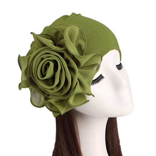 Women Ladies Retro Big Flowers Hat Turban Brim Hat Cap (Army Green) - Thumbnail 2