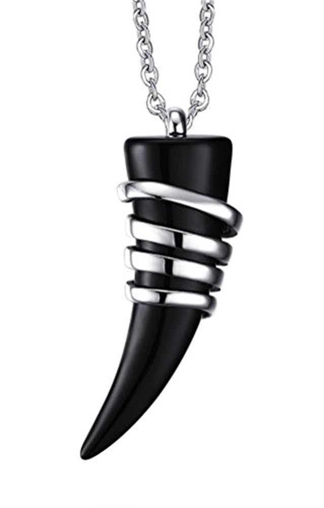 PAURO Mens Stainless Steel Tribal Wolf Tooth Shape Agate Gemstone Pendant Necklace 20 Inch Chain