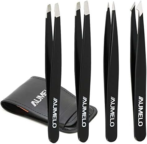 Tweezers Set 4-Piece Professional Stainless Steel Tweezers with Travel Case by AUMELO - Precision Eyebrow and Splinter Ingrown Hair Removal Tweezer Tip for Men and Women - Black
