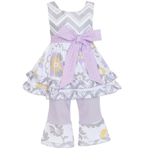 AnnLoren Girls Boutique Grey Chevron & Floral Dress & Capri pants Clothing Set