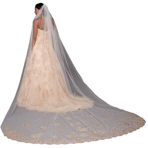 Cathedral Veil with Metallic Embroidery Style V2018, Rose Gold