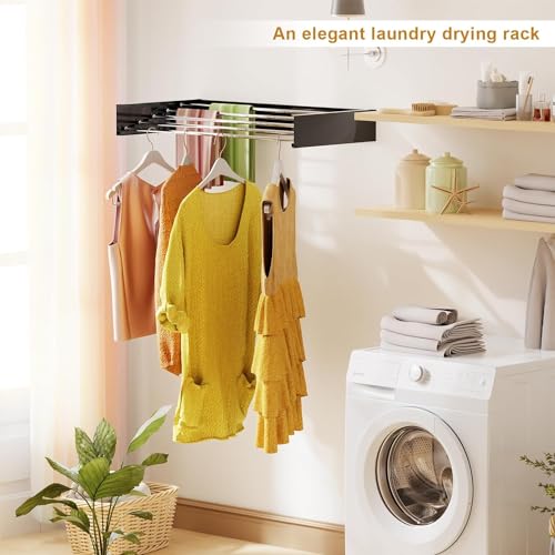 Hcosmy Collapsible Clothes Drying Rack, Wall Mounted Laundry Hanger, Retractable Dryer Rack (Black, 40 in)