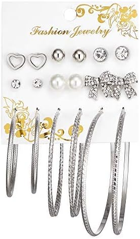 YUGAM 9 pair of fashion crystal heart of gold butterfly and Silver Color Stud earrings for women with pearl ring set.