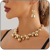 PINK TOWN Gold Necklace & Earring Set for Women - Exaggerated Big Beading Choker & Dainty Big Gold Dangle Drop Earrings