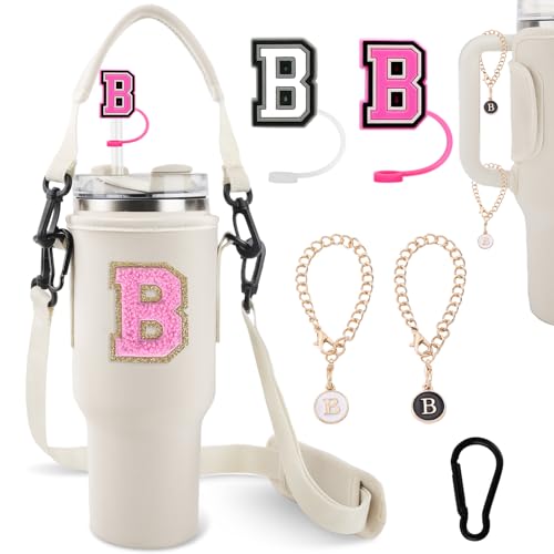Photo 1 of izuzta Initial A-Z Water Bottle Carrier Bag with Strap for Stanley 40oz Tumbler, 2 Letter Straw Toppers & Charms, Personalized, Beige, Neoprene, 1182ml, Sports, Travel, Hiking, Cycling, Fitness