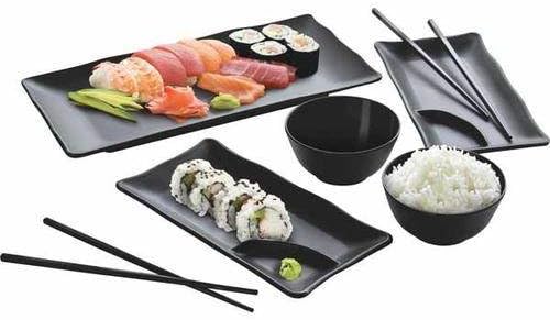 7 piece Asian Sushi Serving Set With Serving Tray Sushi Plates Rice/Soup Bowl Chop Sticks