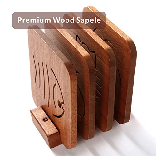 Wood Trivet, 4PCS Set Hot Pot Holder, Wood Sapele Trivets for Hot Dishes, Trivets for Hot Pot and Pans, Hot Pads for Kitchen, Heat Resistant Mat for Hot Dishes, Cup, Pot, Bowl and Teapot