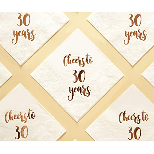 Cheers to 30 Years Cocktail Napkins, 50-Pack 3ply White Rose Gold 30th Birthday Dinner Celebration Party Decoration Napkin