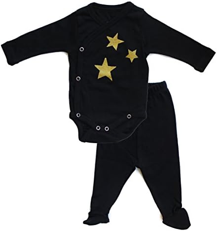 No Biggie unisex-baby Organic Kimono Bodysuit and Footed Pant Set with Gold Stars print, 3-6M (Black)