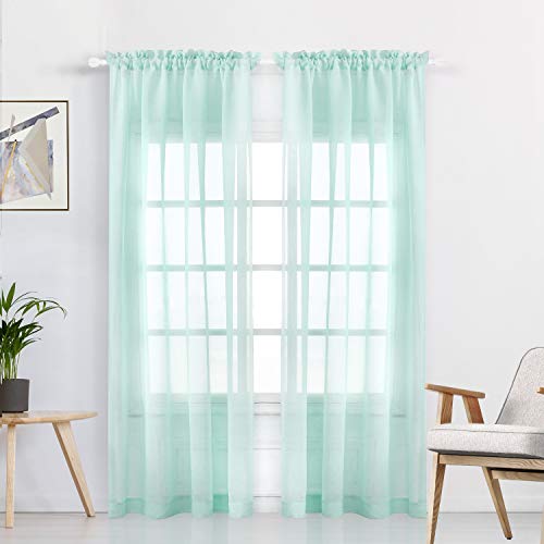 Wontex Faux Linen Aqua Sheer Curtains Rod Pocket Semi Sheer
