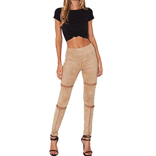 Kshion Women Suede Leather Bandage Skinny High Waist Hollow Out Sexy Piece Pants (M, Khaki) - Thumbnail 4