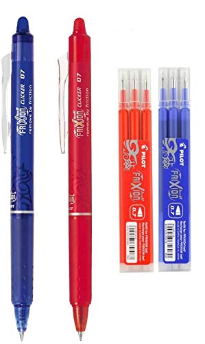 Pilot FriXion Ball Clicker - Button Rollerball Pen with Erasable Gel Ink - Blue (Pack with Blue Pen, Red Pen, 3 Blue Refills, 3 Red Refills)