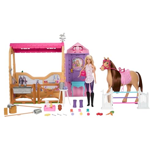 Barbie Spielzeugstall-Spielset mit Puppe, Pferd und Zubehör, mehr als 25 Teile mit 6 Spielbereichen, inspiriert von Barbie Mysteries: Das geheimnisvol