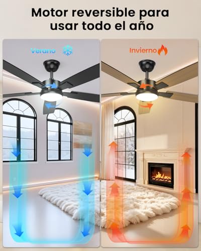 Airwit Ventilador de Techo 52 Pulgadas, Abanicos de Techo de 5 Aspas con Luz y Control Remoto, Motor Silencioso Reversible, Negro