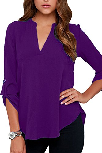 YMING Loose Chiffon Blouse for Women Casual Tunic Shirt Fashion Top Purple S - Thumbnail 2