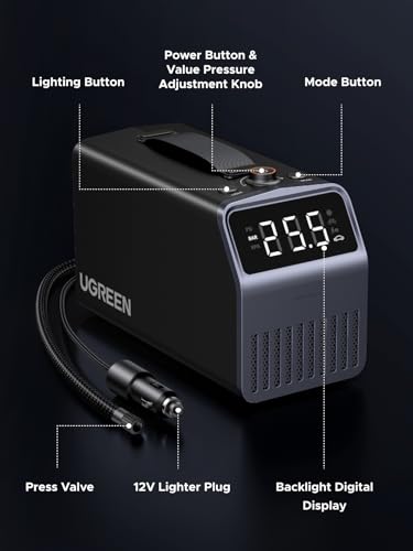 UGREEN Portable Tire Inflator 12V DC, Air Compressor with LED Display, 150 PSI, 4500mAh Rechargeable Battery, Preset Pressure & Auto Shutoff, Electric Pump for Car Tires, Bikes, Balls