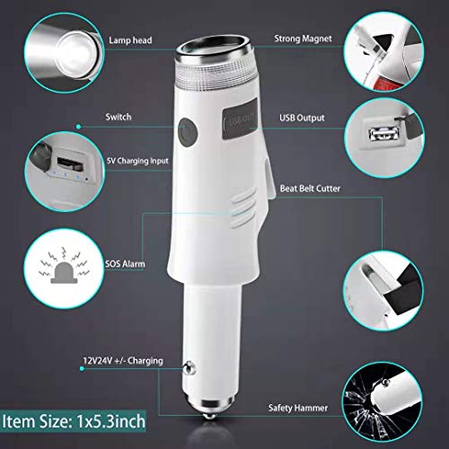 USB Car Charger with Multifunction Seatbelt Cutter Window Breaker Safety Hammer Emergency Portable Power Bank Flash Lights Personal Alarm Escape Tool for Car - 2000mAH - White