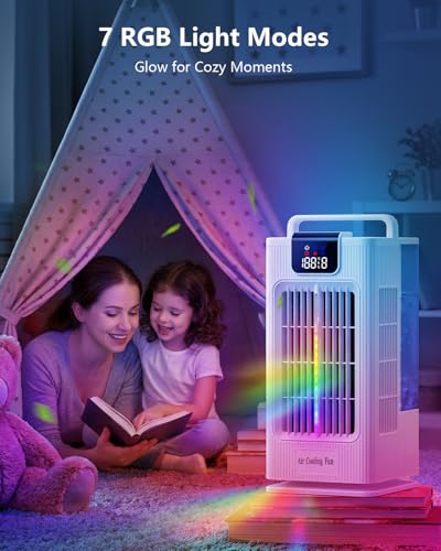 Portable Air Conditioners, 2000ML Personal Air Conditioner, Mini Air Conditioner, Evaporative Air Cooler Fan with 120° Oscillation, 7 RGB Light Modes, 4 Speeds & 1-8H Timer for Bedroom Office