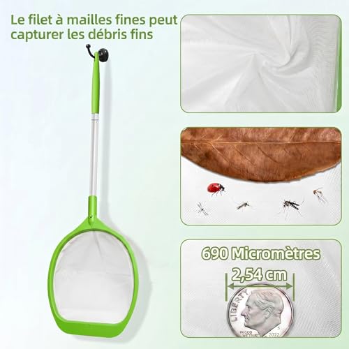 KGC Épuisette de Surface avec Manche Réglable 69 CM – Filet à Mailles Ultra Fines à Longueur Réglable pour Piscine, Étang et Spa, Idéal pour Bassins Autoportants et Compatible avec Bestway, Vert