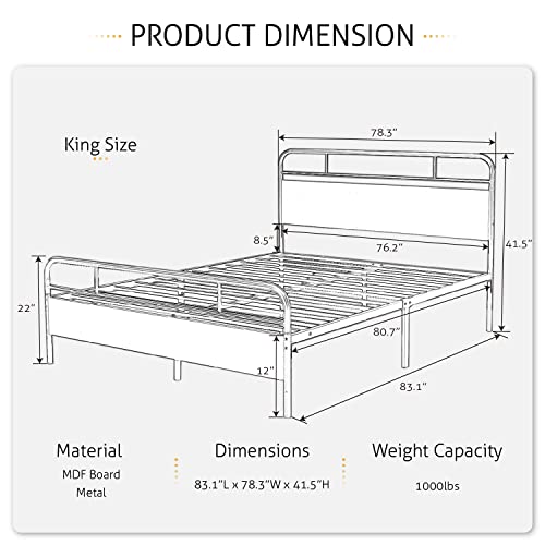 SHA CERLIN Heavy Duty King Bed Frames with Modern Wood Headboard, Metal