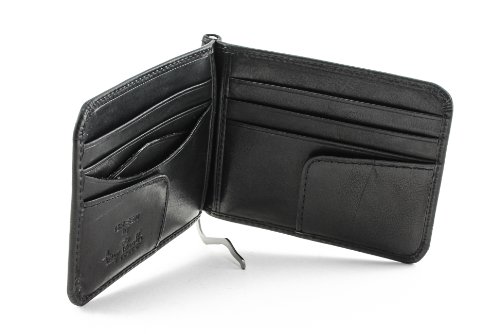 Italian Cow Leather Bifold Spring Tension Money Clip Wallet with Credit Card Slots
