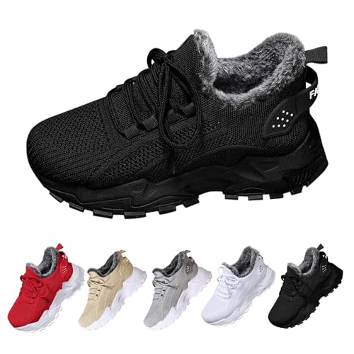 Gym Trainers Womens, Womens Winter Trainers Fur Lined Warm Sneakers Lightweight Outdoor Casual Walking Work Gym Tennis Training Running Shoes Thicken Thermal Arch Support Hiking Footwear Black