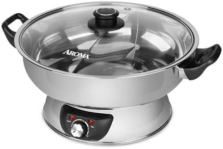 Aroma Housewares ASP-610 Dual-Sided Shabu Hot Pot, 5Qt, Stainless Steel Aroma Housewares 3 Uncooked/6 Cups Cooked Rice Cooker, Steamer, Multicooker, 2-6 cups, Black