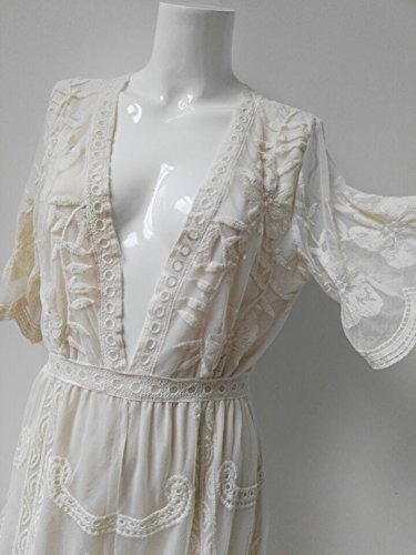 Eleter Women's Deep V-Neck Lace Romper Short Sleeve Long Dress (Medium, White-Short Style)