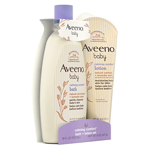 AVEENO BABY CALMING COMFORT BATH & BODY LOTION SET, NIGHTTIME BABY SKIN CARE PRODUCTS WITH NOURISHING OATMEAL PLUS RELAXING LAVENDER & VANILLA SCENTS, PARABEN- & PHTHALATE -FREE, 2 ITEMS