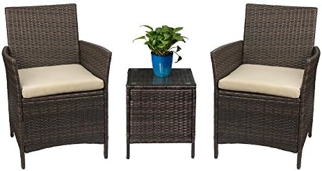Amazon Com Devoko Patio Porch Furniture Sets 3 Pieces Pe Rattan Wicker Chairs With Table Outdoor Garden Furniture Sets Brown Beige Garden Outdoor