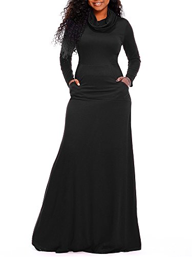 onlypuff Maxi Party Dress Fit Flare Cowl Neck Women Casual Long Sleeve Swing Fall Winter Dress Black Large