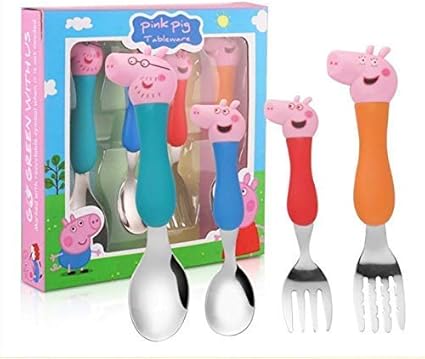 Sillyme Pig Cartoon Theme Stainless Steel Spoon & Fork Set for Kids - Baby Feed Spoon and Fork Set