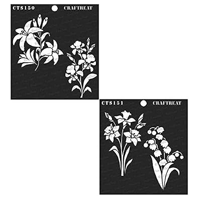CrafTreat Reusable Flower Stencils Pack Of 2 - 6x6 Inch Lily, Iris, Daffodil & Bell Flower Stencils For DIY Painting On Wood, Wall, Fabric