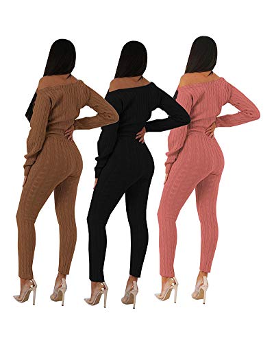 Women Casual 2 Piece Outfits Sweaters Tops Skinny Pants Sets Jumpsuits Coffee S
