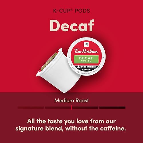 TIM HORTONS DECAF, MEDIUM ROAST COFFEE, SINGLE-SERVE K-CUP PODS COMPATIBLE WITH KEURIG BREWERS, 32CT K-CUPS, RED