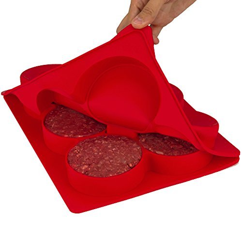 Silicone Burger Press 6 In 1 Freezer Container, Baby Food Storage, Baking Tray, Hamburger Patty Maker BBQ Grill Accessories (Red)