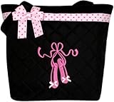 Lil Princess Girl's Quilted Dance Ballet Slippers Tote Bag with Pink Polka Dot Bow, Black