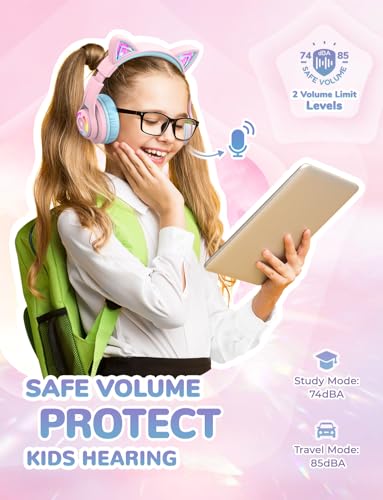 iClever Bluetooth Kids Headphones, BTH13 Cat Ear LED Light Up Kids Wireless Headphones, 50H Playtime, 74/85dBA Volume Limiting Children Headphones with Microphone Over Ear for School/Tablet/PC