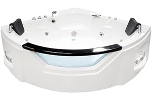Whirlwell 61x61 Inch Corner Whirlpool Thermostatic Bathtub with LED Light, Smart Heater, Central Drain, 6 Massage Jets, Acryl